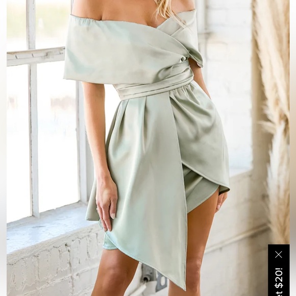 NWT Lulu's Asymmetrical Always Celebrating Sage Satin Mini Dress Size Small - Picture 2 of 13